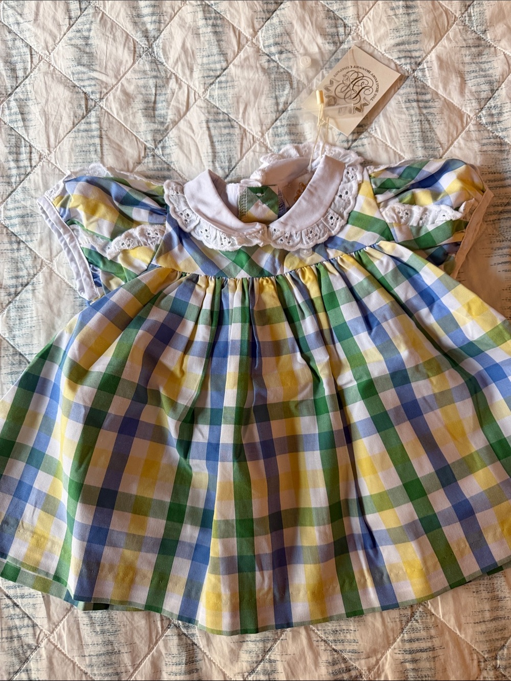 The Beaufort Bonnet Company Pastel Gingham Baby Dress with Peter Pan Collar